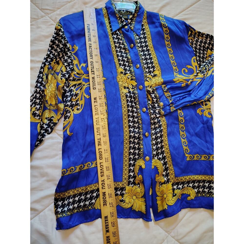 VTG 80s 90s Aris A 100% Silk Baroque Houndstooth Blouse L Royal Blue Gold... - Picture 7 of 11